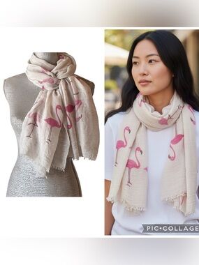 Tickled Pink Flamingo Scarf Cream Pink Cotton Blend Wrap Sarong